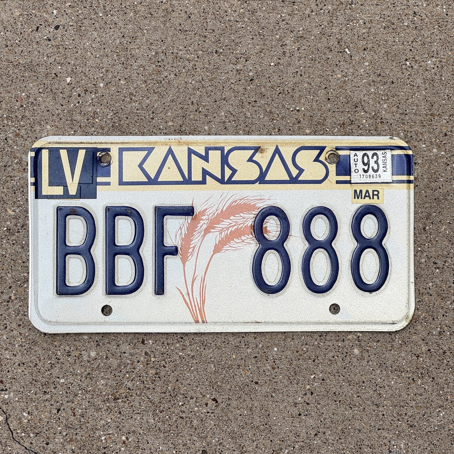 Photo of a 1993 Kansas License Plate Auto Tag Garage Decor Vintage Repeat Repeating BBF 888