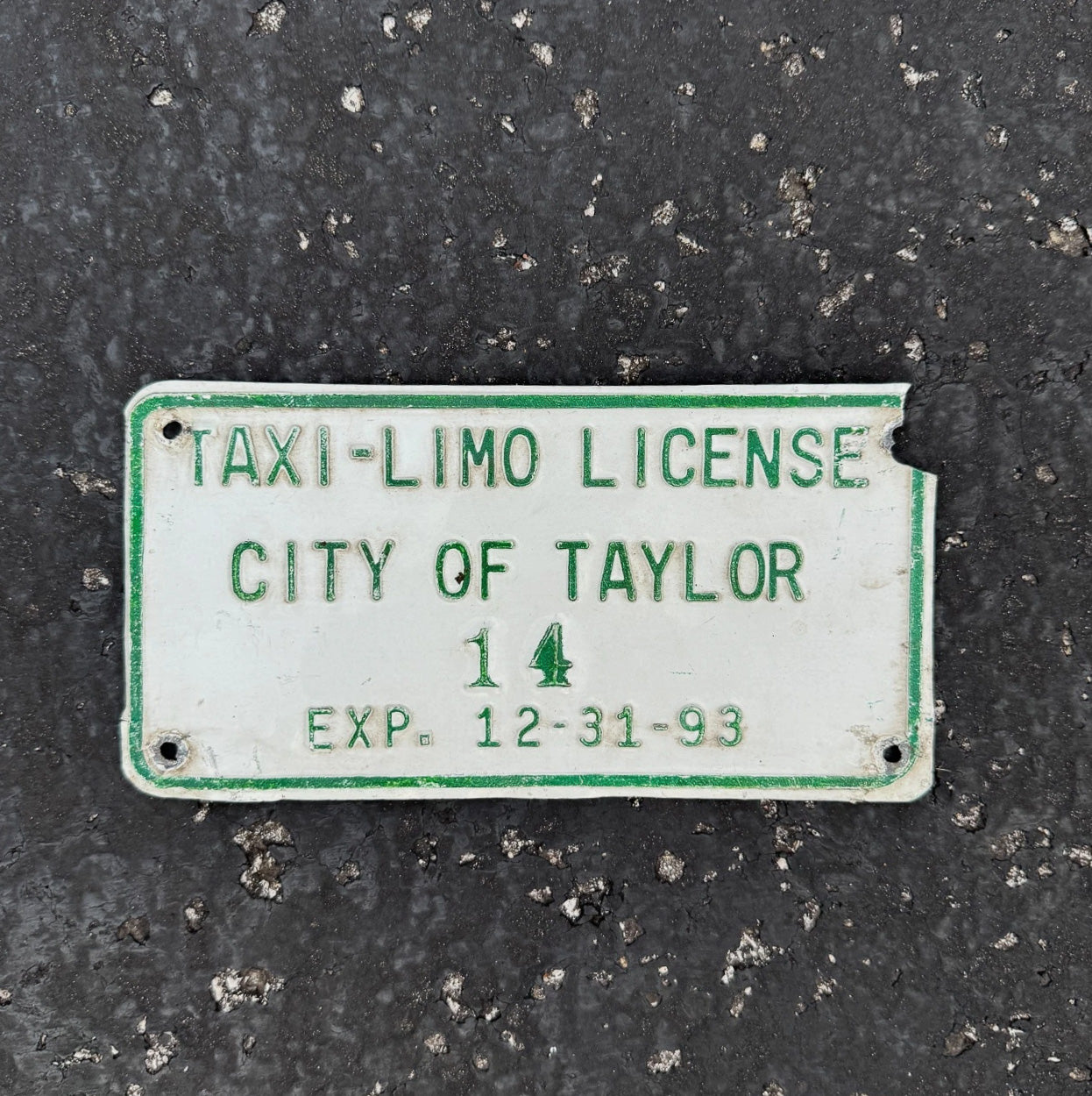 Photo of a 1993 Michigan City of Taylor License Plate Auto Tag Garage Decor Vintage Taxi Limo Name 14