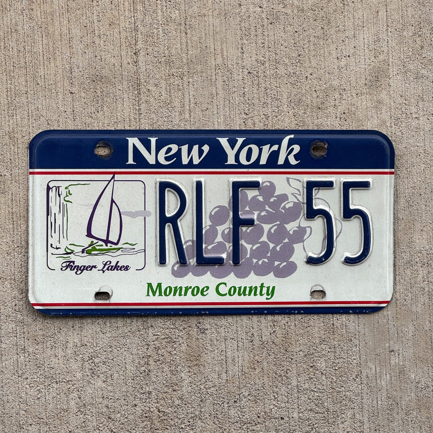 Photo of a 1993 New York Graphic / Specialty License Plate Auto Tag Garage Decor Vintage Finger Lakes Monroe County RLF 55