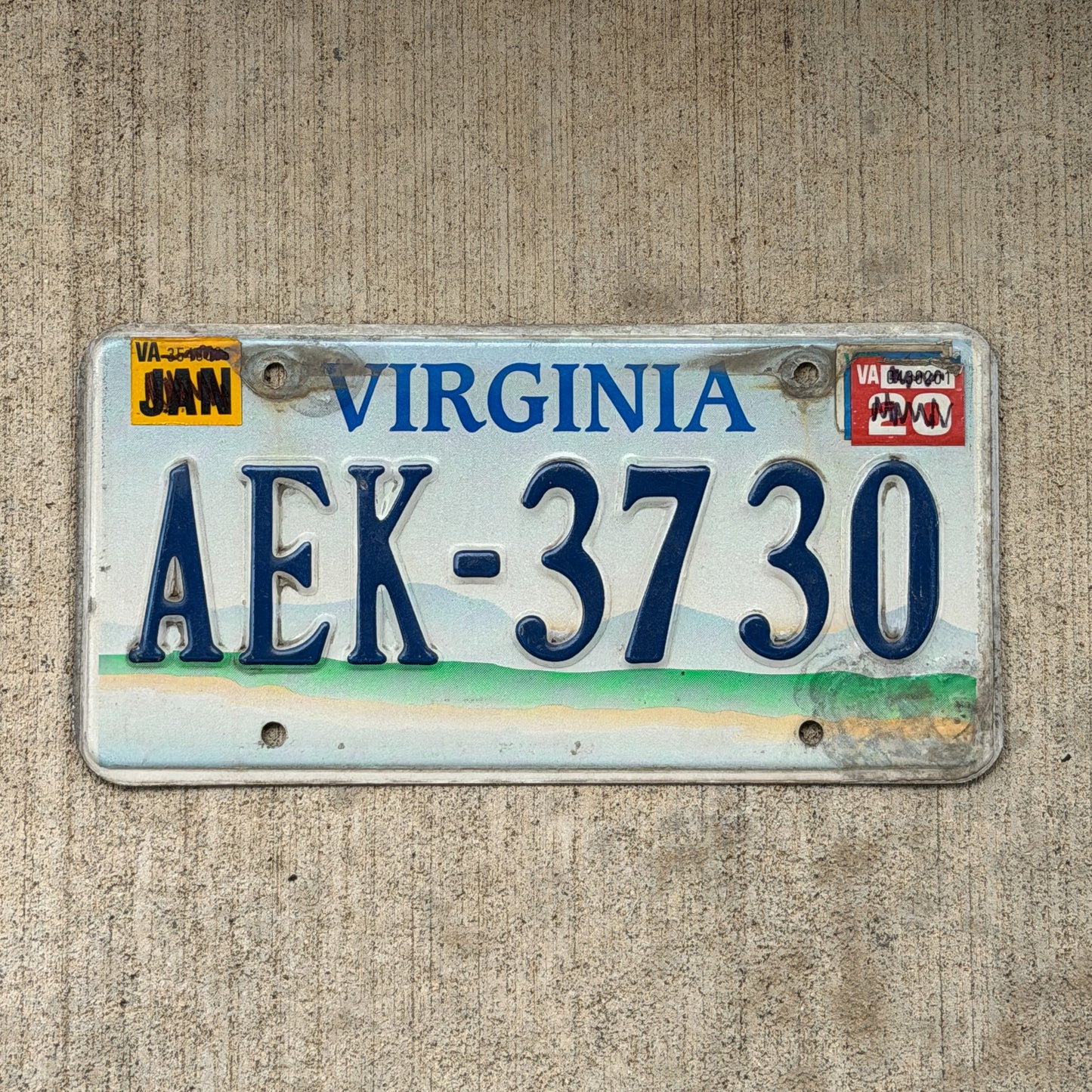 Photo of a 1993 Virginia Graphic / Specialty License Plate Auto Tag 2 Vintage Garage Scenic Base AEK 3730 with original patina