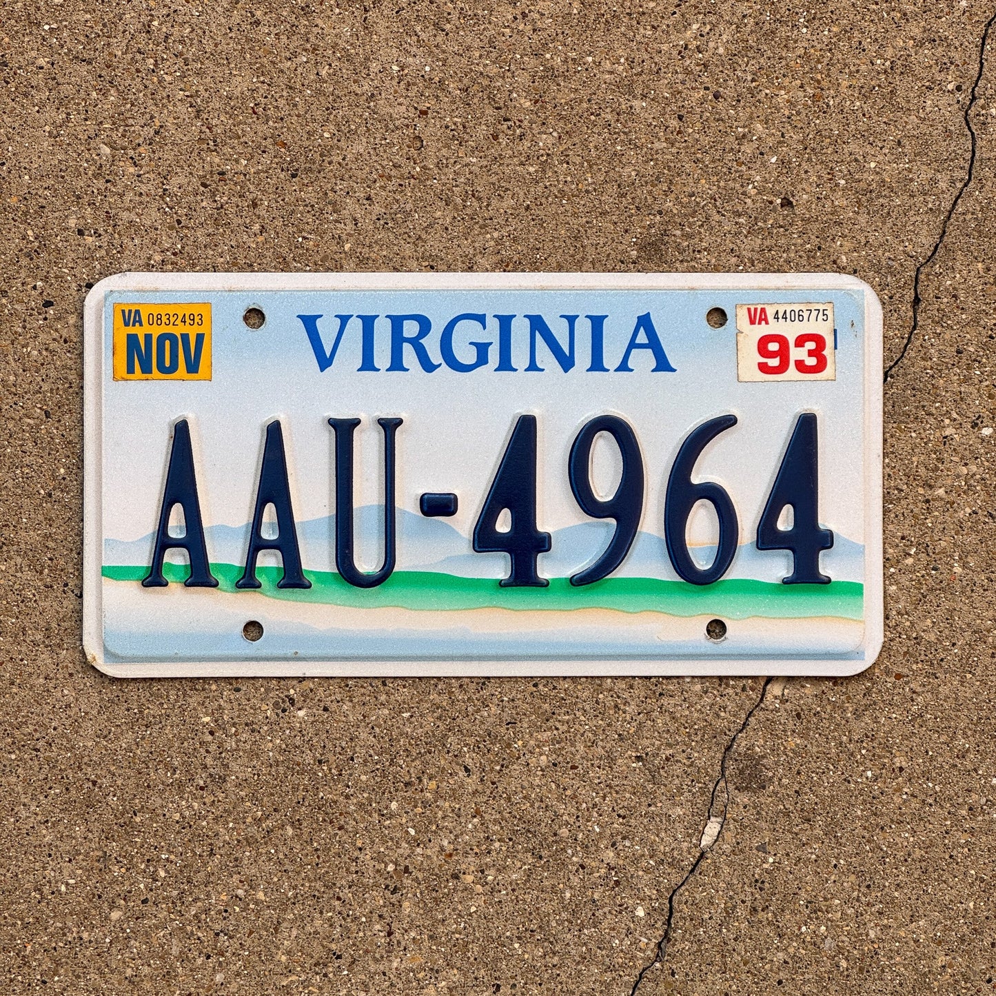 Photo of a 1993 Virginia Vanity License Plate Auto Tag Garage Decor Vintage Scenic Base AAU 4964