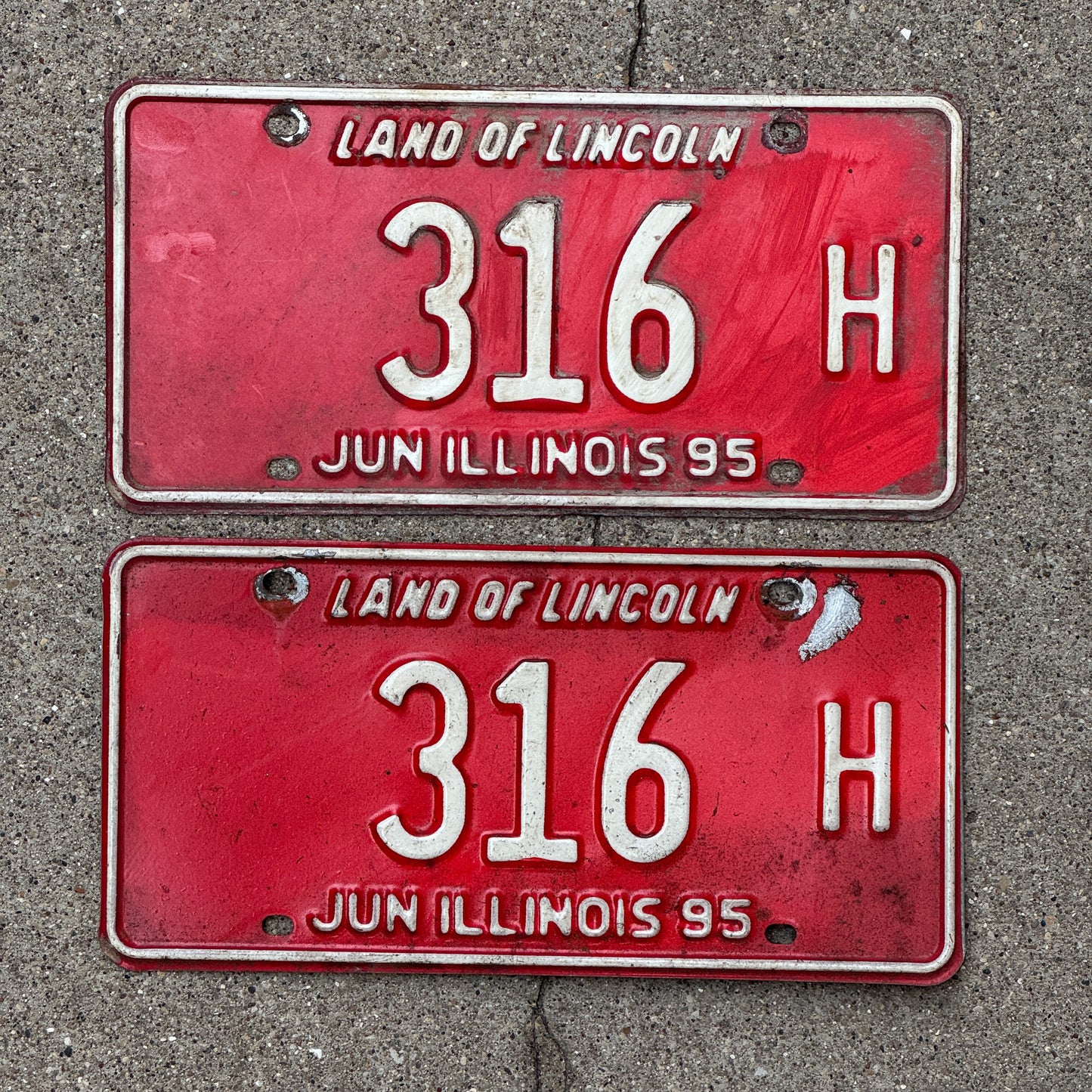 Photo of a 1994 1995 Illinois Truck License Plate Pair Auto Tag Garage Decor Vintage Low Number Three Digit 316 H with original patina
