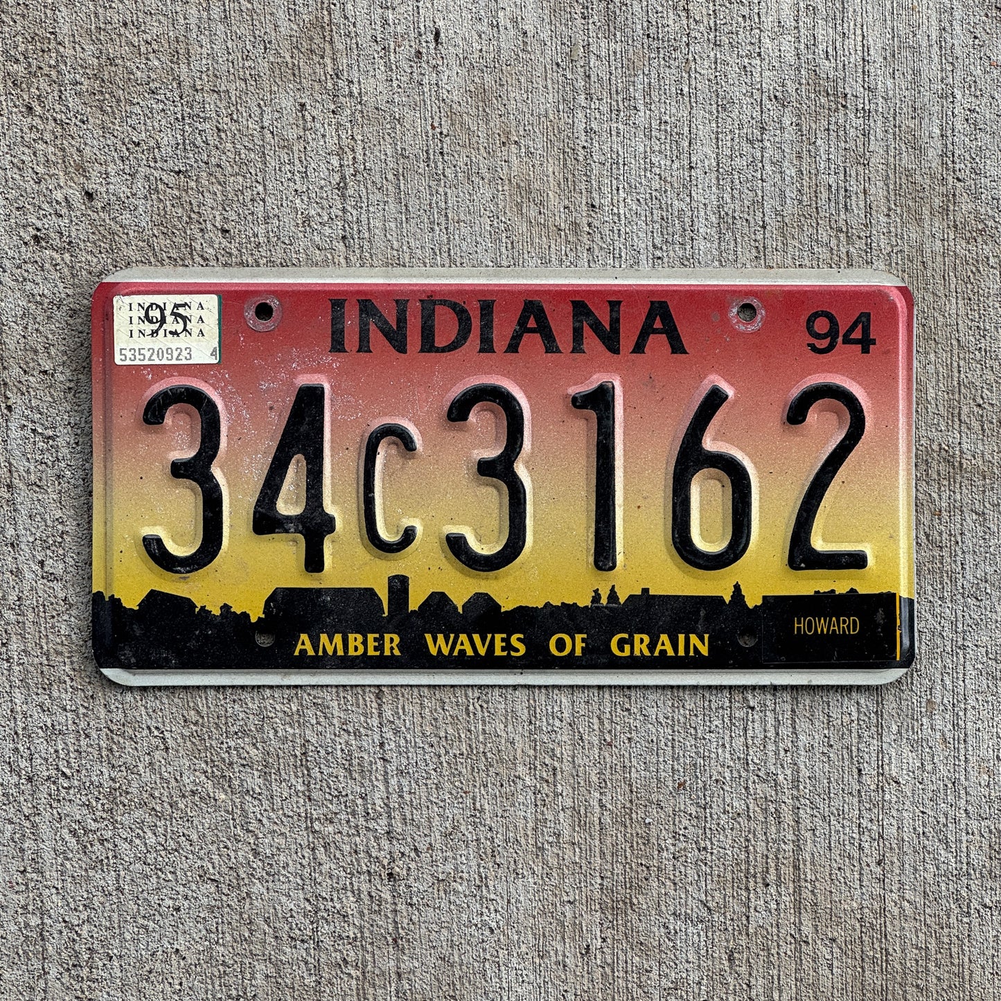 Photo of a 1994 1995 Indiana License Plate Auto Tag Garage Decor Vintage 34 C 3162 with original patina