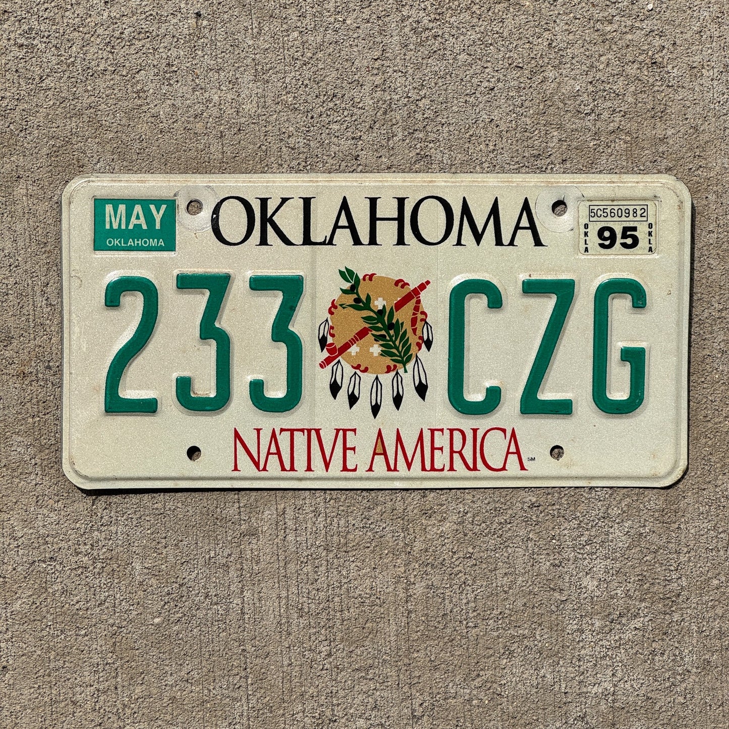Photo of a 1994 1995 Oklahoma License Plate Auto Tag Garage Decor Vintage Tribal 233 CZG