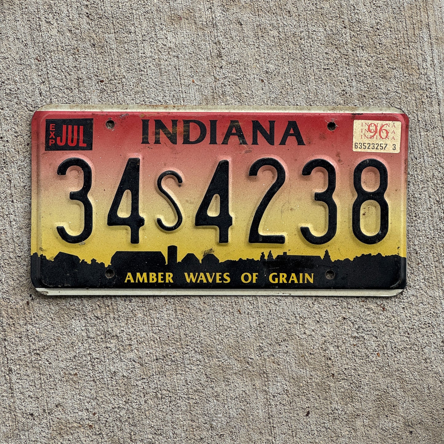 Photo of a 1994 1996 Indiana License Plate Auto Tag Garage Decor Vintage 34 S 4238 with original patina