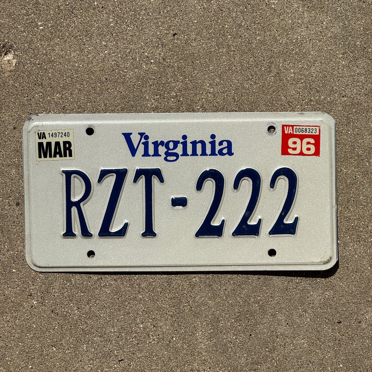 Photo of a 1994 1996 Virginia License Plate Auto Tag Garage Decor Vintage Repeat Repeating RZT 222