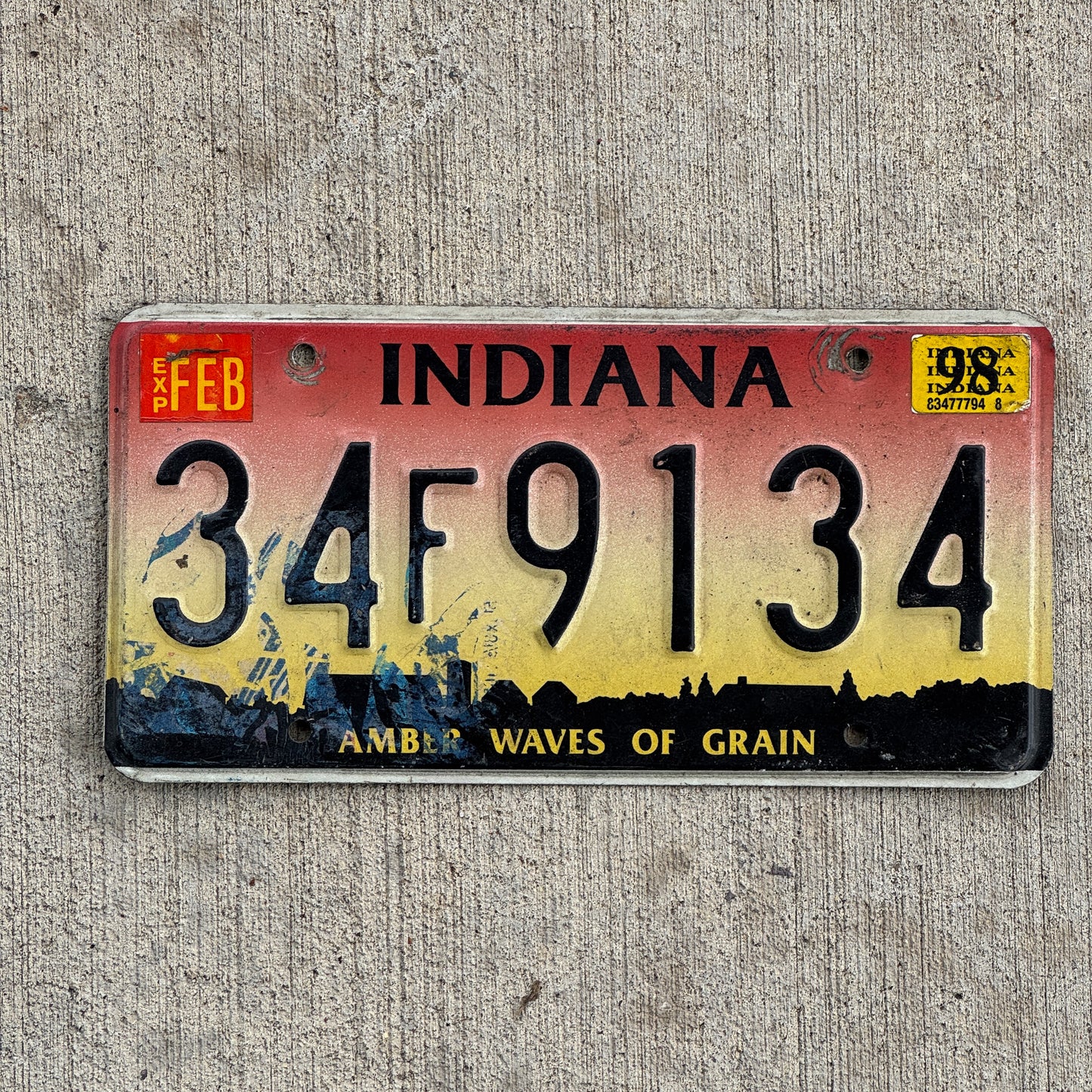 Photo of a 1994 1998 Indiana License Plate Auto Tag Garage Decor Vintage 34 F 9134 with original patina