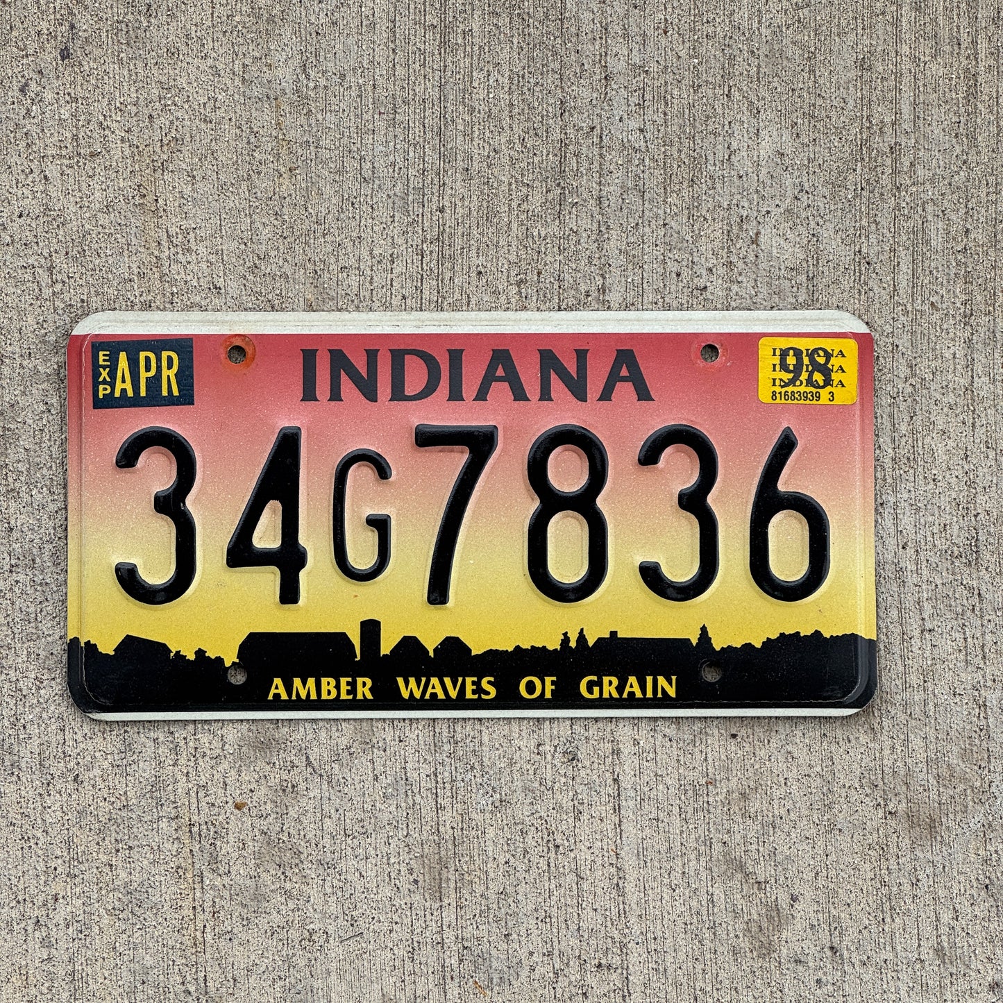 Photo of a 1994 1998 Indiana License Plate Auto Tag Garage Decor Vintage 34 G 7836 with original patina