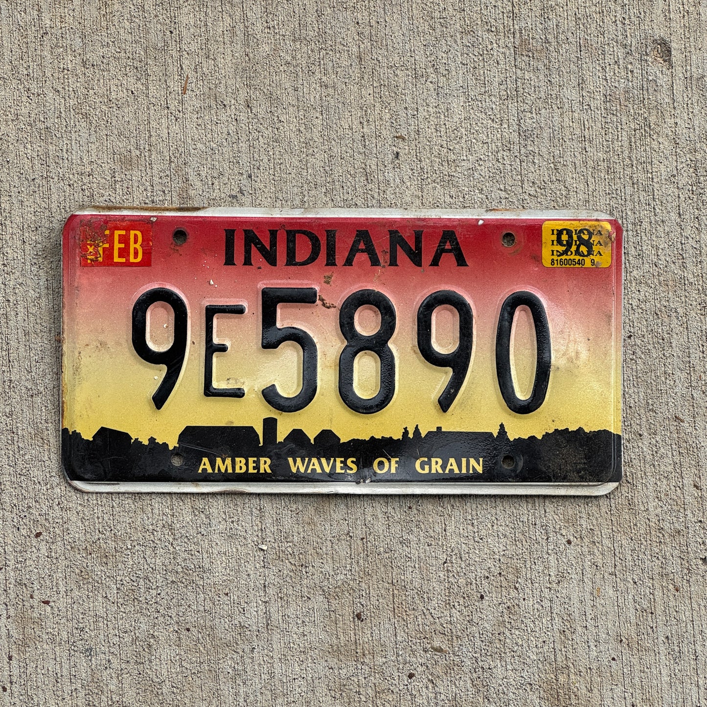 Photo of a 1994 1998 Indiana License Plate Auto Tag Garage Decor Vintage 9 E 5890 with original patina