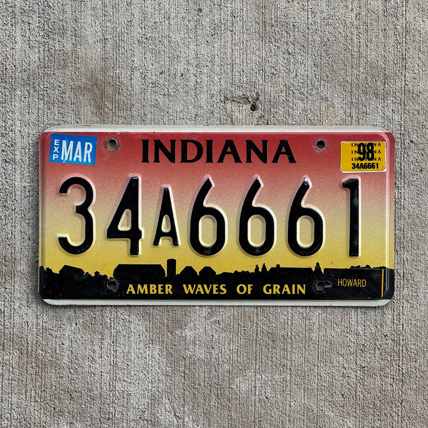 Photo of a 1994 1998 Indiana License Plate Auto Tag Garage Decor Vintage Devil Evil 666 Repeat Repeating 34 A 6661 with original patina