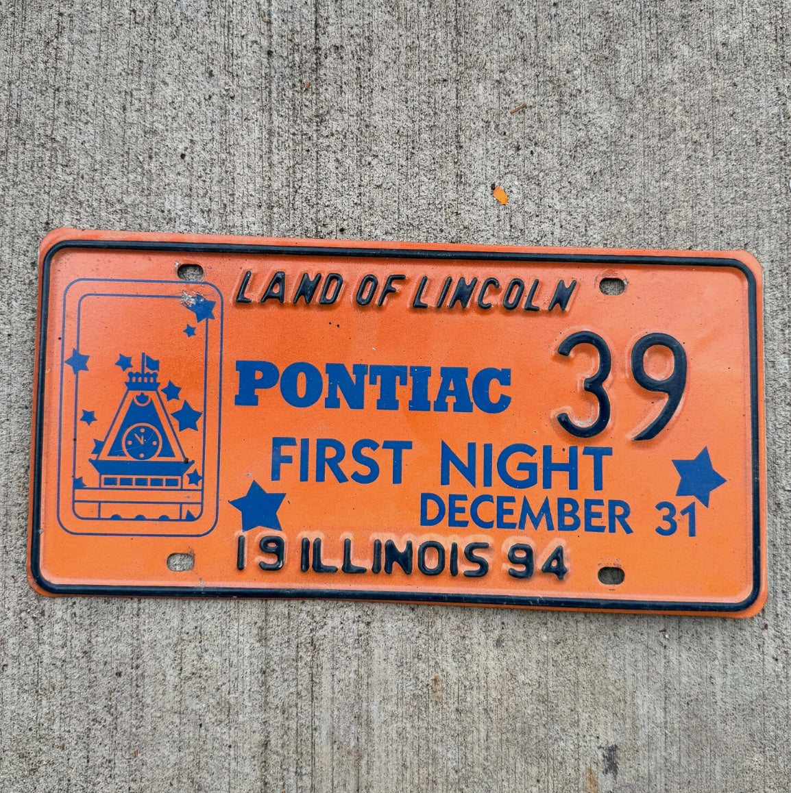 Photo of a 1994 Illinois Event License Plate Auto Tag Garage Decor Pontiac New Years Eve 39