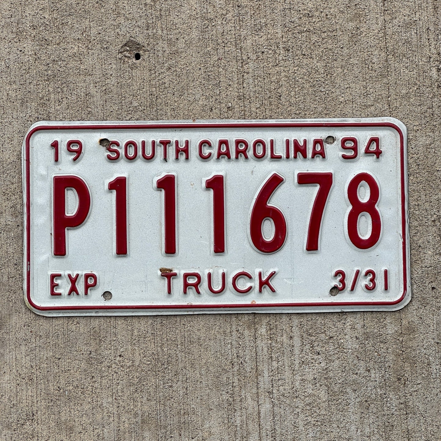 Photo of a 1994 South Carolina TRUCK License Plate Auto Tag Garage Decor Vintage Repeat Repeating P 111 678