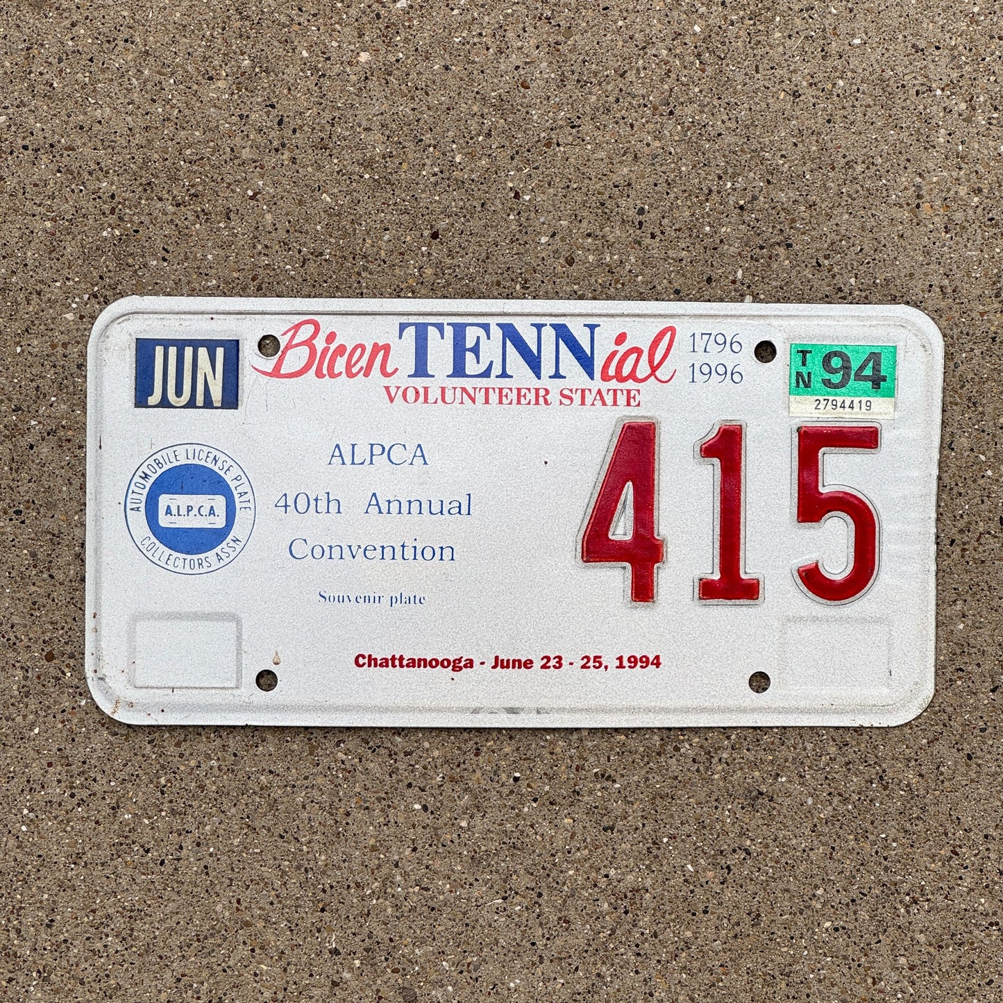 Photo of a 1994 Tennessee License Plate Auto Tag Garage Decor Vintage Chattanooga ALPCA Convention 415