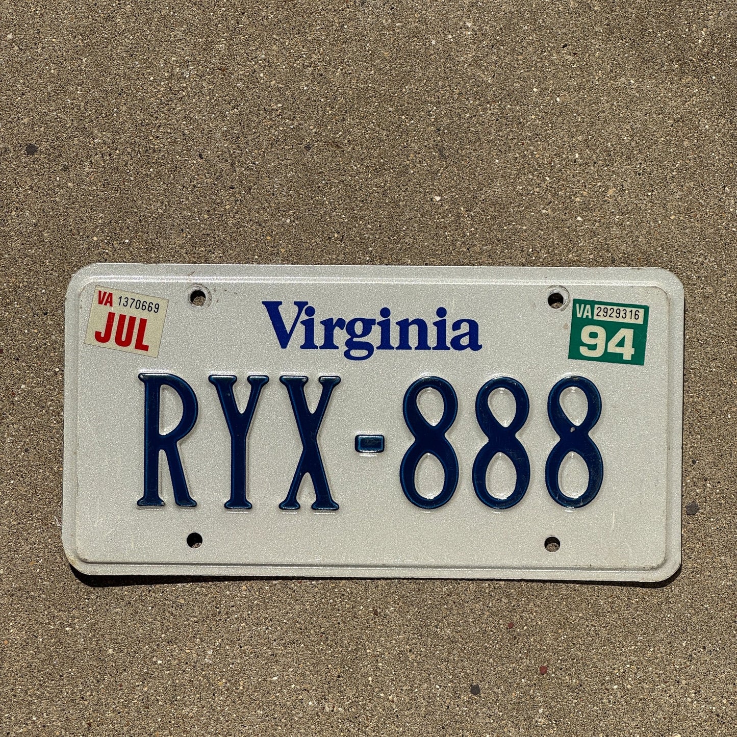 Photo of a 1994 Virginia License Plate Auto Tag Garage Decor Vintage Repeat Repeating Natural 1994 Sticker RYX 888