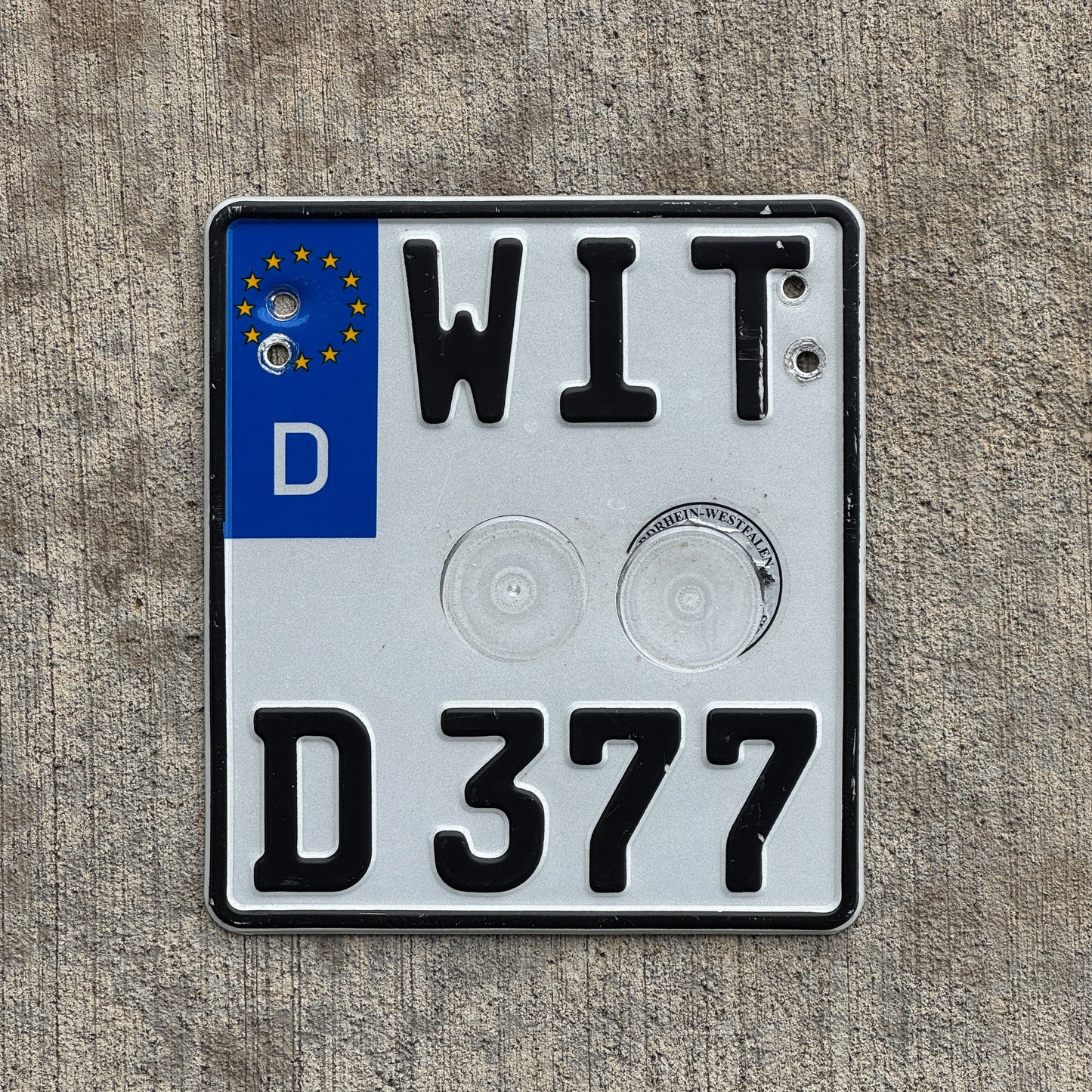 Photo of a 1995 Germany Motorcycle License Plate Auto Tag Garage Decor Vintage Witten/Dortmund North Rhine-Westphalia WIT D 377 with original patina
