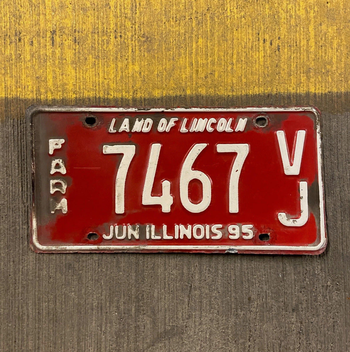 Photo of a 1995 Illinois Farm License Plate Auto Tag Garage Decor Vintage 7467 VJ