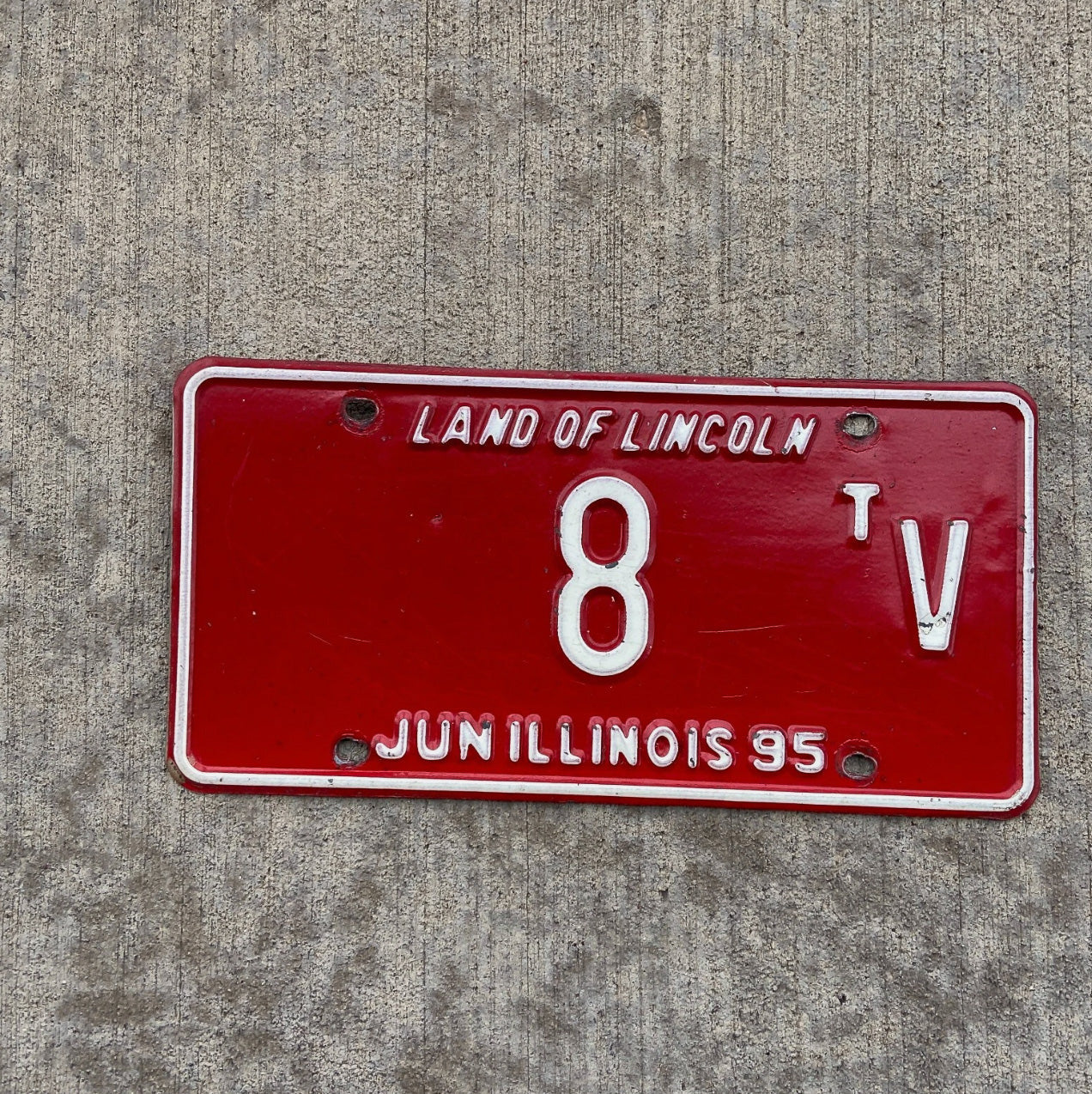 Photo of a 1995 Illinois Truck Tractor License Plate Auto Tag Garage Decor Vintage Low Number Single Digit 8 TV with original patina
