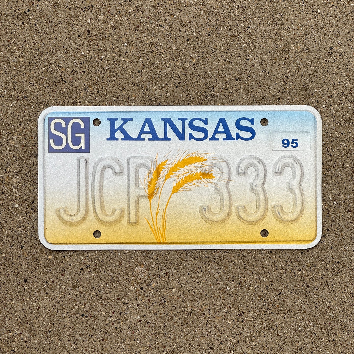 Photo of a 1995 Kansas Error License Plate Auto Tag Garage Decor Vintage Repeat Repeating Misprint JCP 333