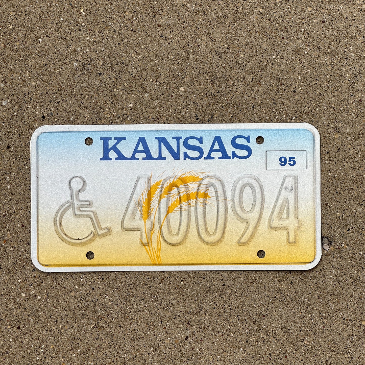 Photo of a 1995 Kansas Handicapped Error License Plate Auto Tag Garage Decor Vintage Misprint 40094