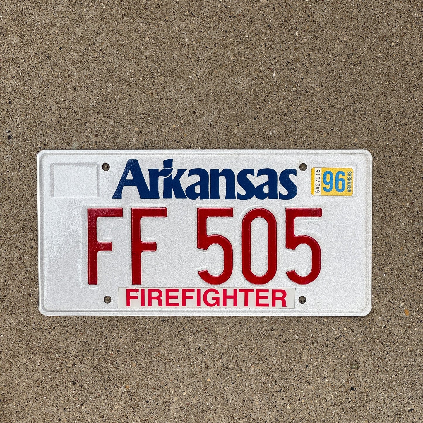 Photo of a 1996 Arkansas Firefighter License Plate Auto Tag Garage Decor Vintage Natural 1996 Sticker FF 505