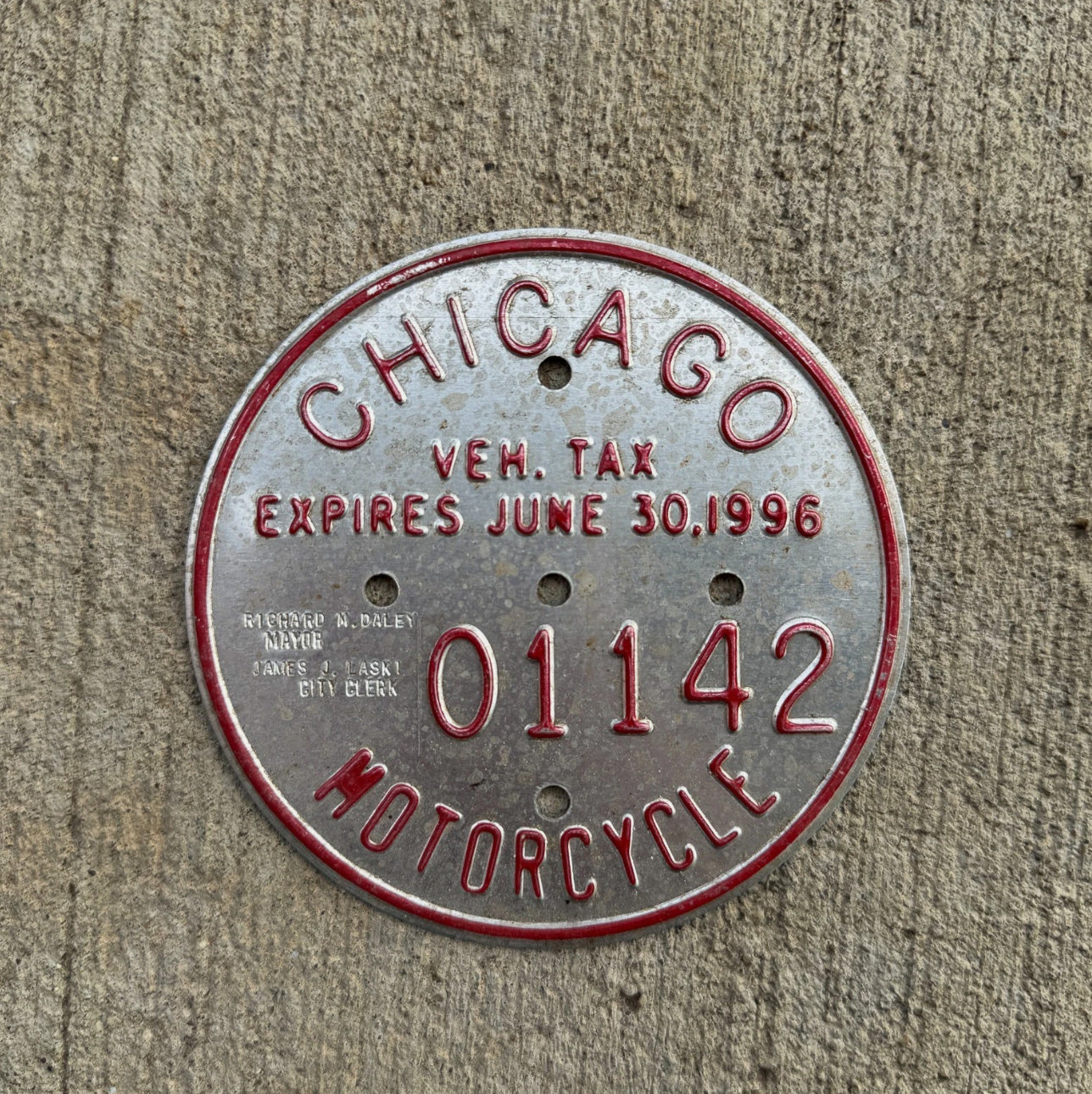 Photo of a 1996 Chicago MOTORCYCLE Tax Tag Disc Disk Medallion Auto Tag Garage Decor Vintage 01142