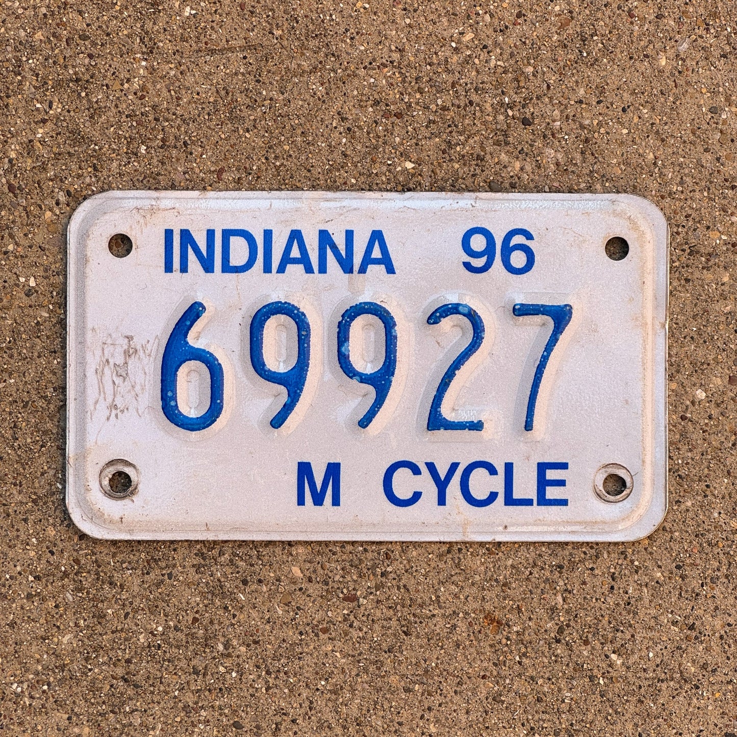 Photo of a 1996 Indiana Motorcycle License Plate Auto Tag Garage Decor Vintage 69927