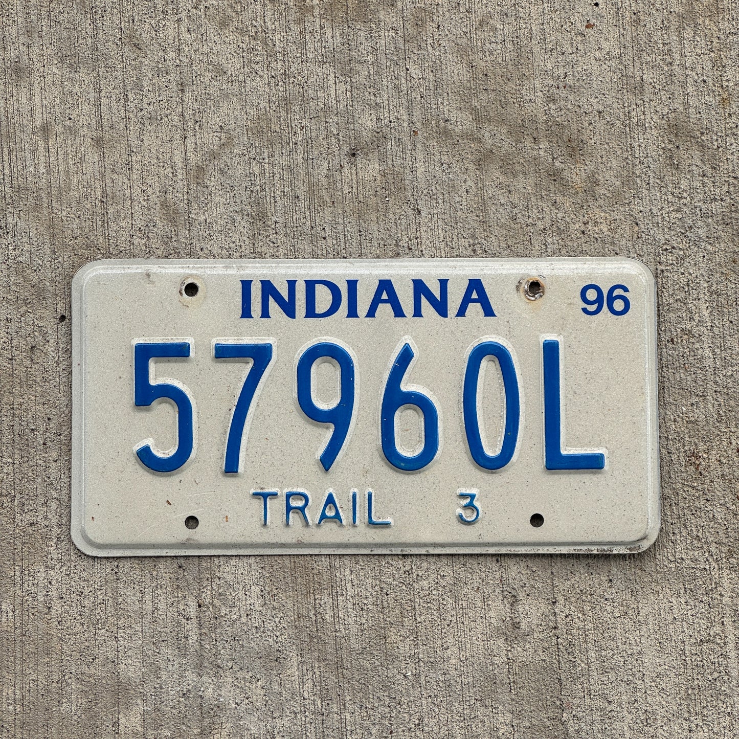 Photo of a 1996 Indiana Trailer License Plate Auto Tag Garage Decor Vintage 57960 L with original patina