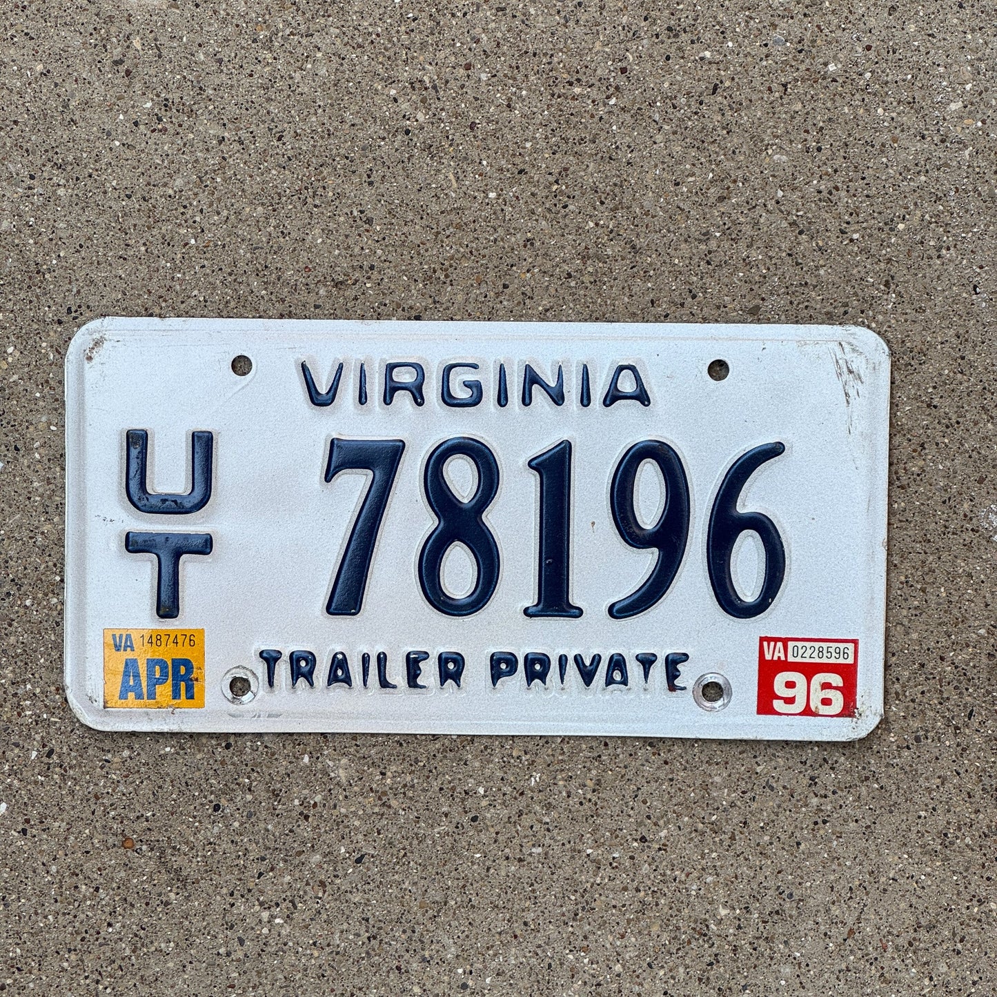 Photo of a 1996 Virginia Trailer License Plate Auto Tag Garage Decor Vintage UT 78196