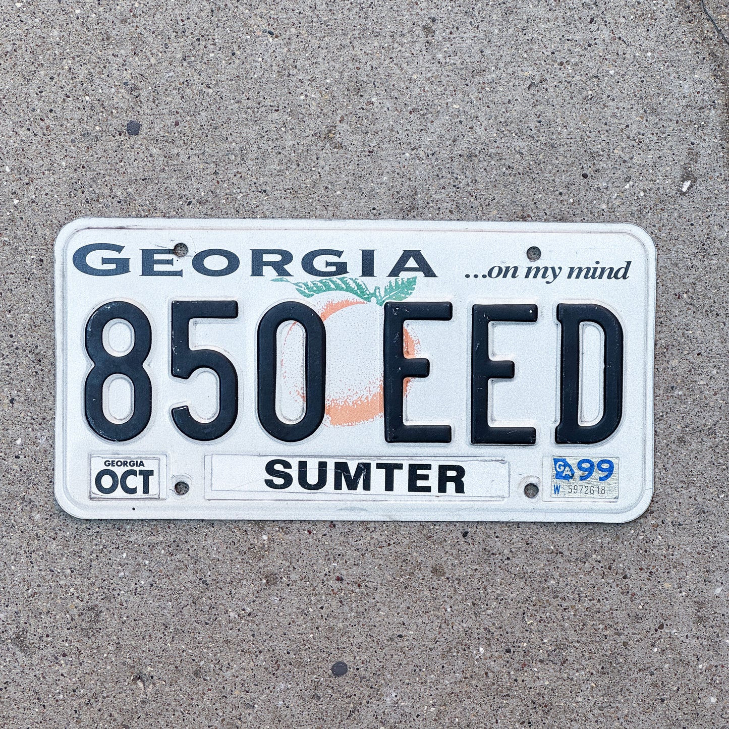 Photo of a 1997 1999 Georgia License Plate Auto Tag Garage Decor Vintage 850 EED with original patina