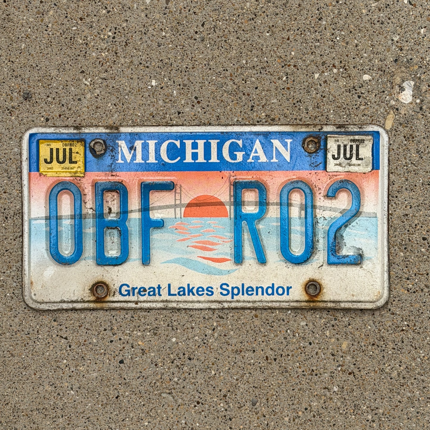 Photo of a 1997 2005 Michigan Graphic / Specialty License Plate Auto Tag Garage Decor Vintage Great Lakes Splendor 0 BF R02 with original patina