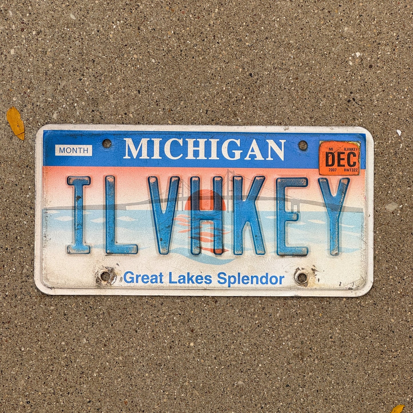 Photo of a 1997 2007 Michigan Vanity License Plate Auto Tag Garage Decor Vintage I Love Hockey NHL Red Wings IL VHKEY with original patina