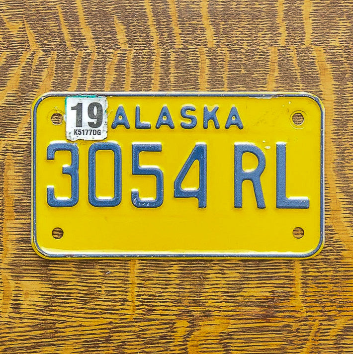 Photo of a 1997 2019 Alaska Motorcycle License Plate Auto Tag Garage Decor Vintage 3054 RL with original patina