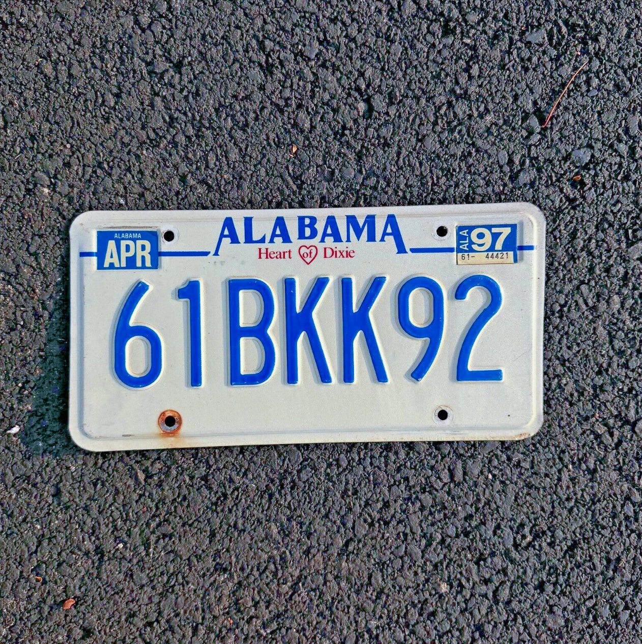 Photo of a 1997 Alabama License Plate Auto Tag Garage Decor Vintage Heart of Dixie 61 BKK 92