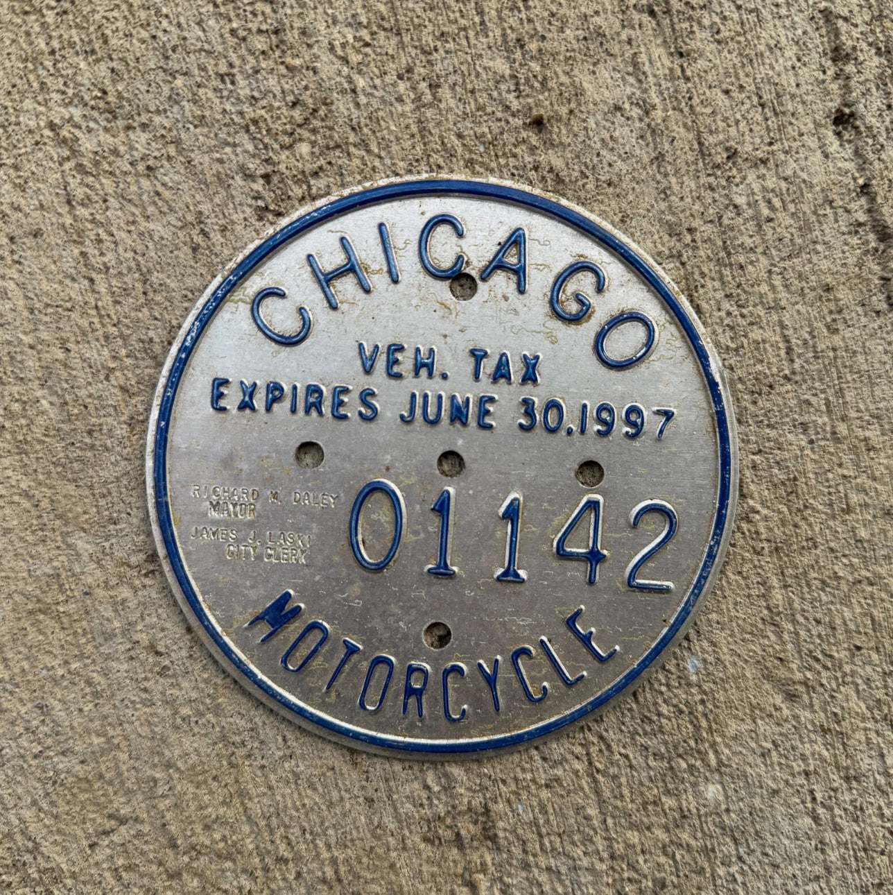 Photo of a 1997 Chicago MOTORCYCLE Tax Tag Disc Disk Medallion Auto Tag Garage Decor Vintage 01142