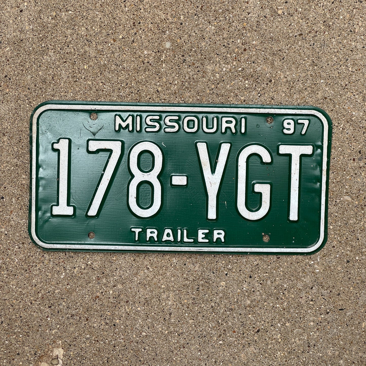 Photo of a 1997 Missouri Trailer License Plate Auto Tag Garage Decor Vintage 178 YGT