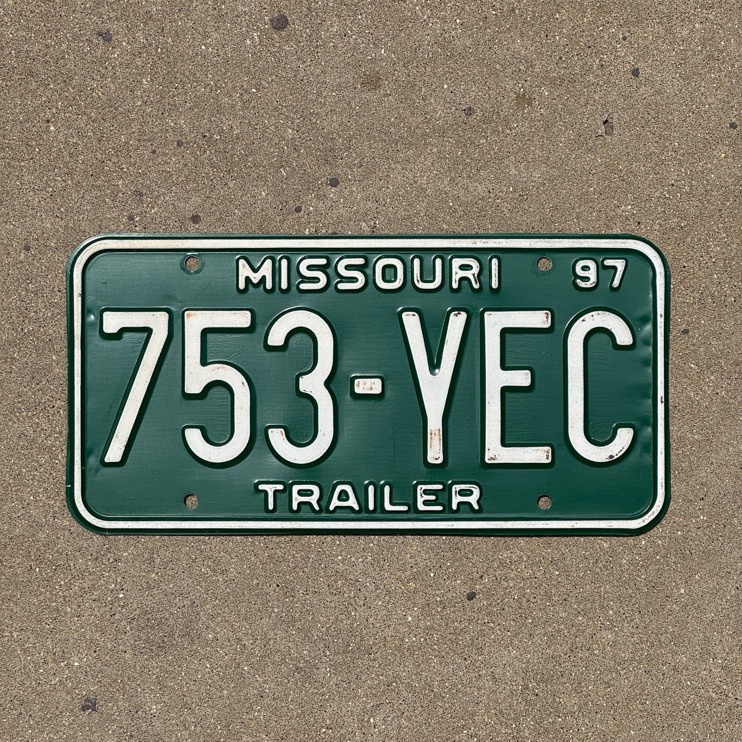 Photo of a 1997 Missouri Trailer License Plate Auto Tag Garage Decor Vintage 753 YEC