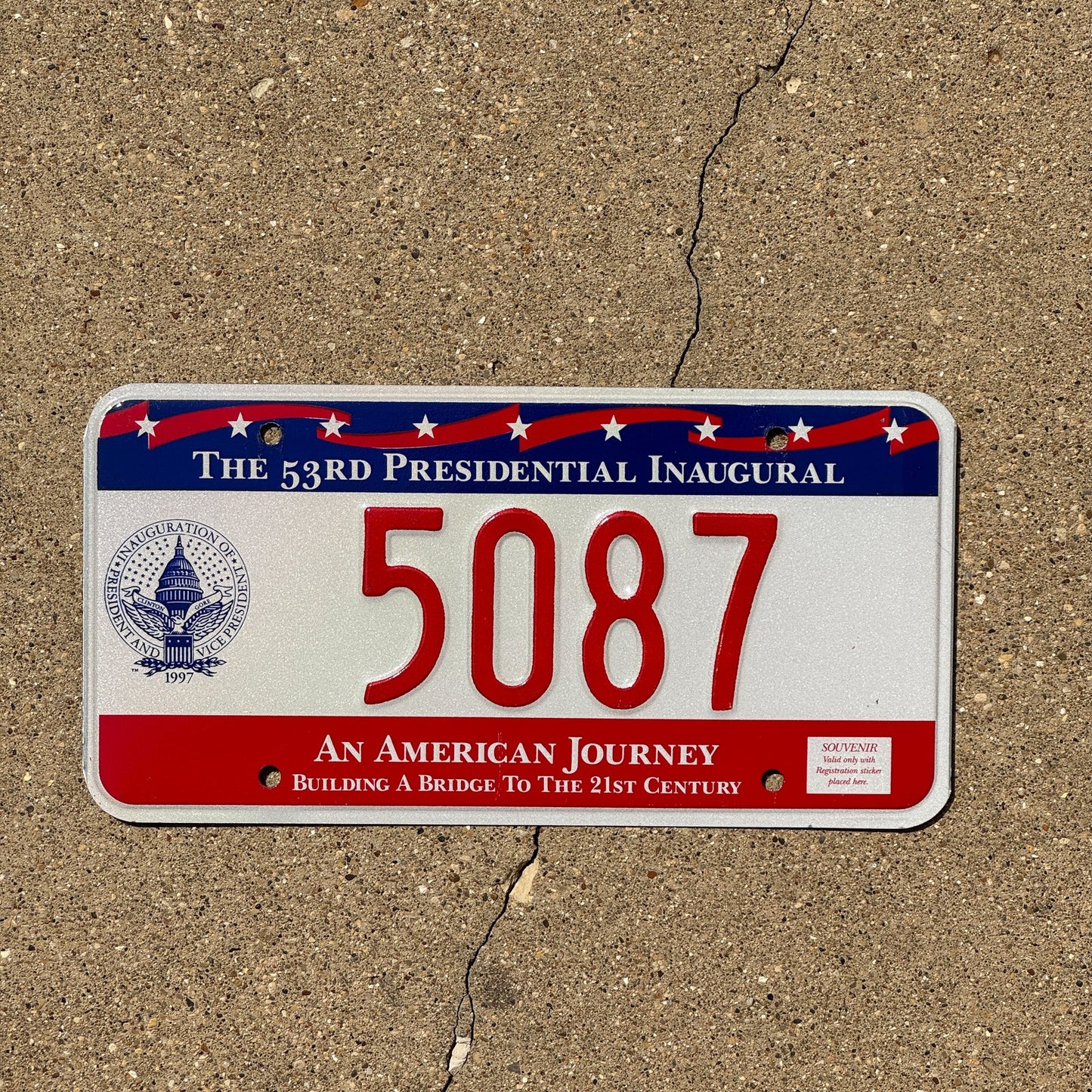Photo of a 1997 Washington DC Inaugural License Plate Auto Tag Garage Decor Vintage Clinton Inauguration 5087