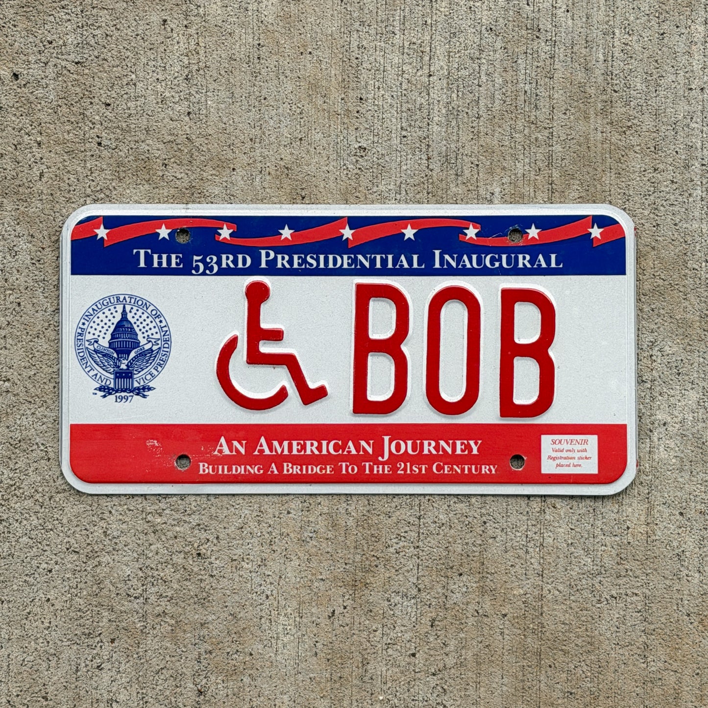 Photo of a 1997 Washington DC Inaugural Vanity License Plate Auto Tag 2 Vintage Garage Clinton Inauguration Politics Political BOB with original patina