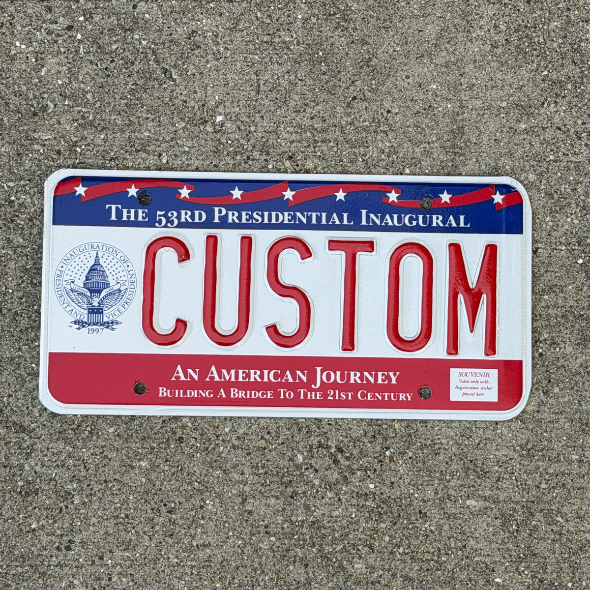 Photo of a 1997 Washington DC Inaugural Vanity License Plate Auto Tag Garage Decor Vintage Clinton Inauguration Politics Political CUSTOM with original patina
