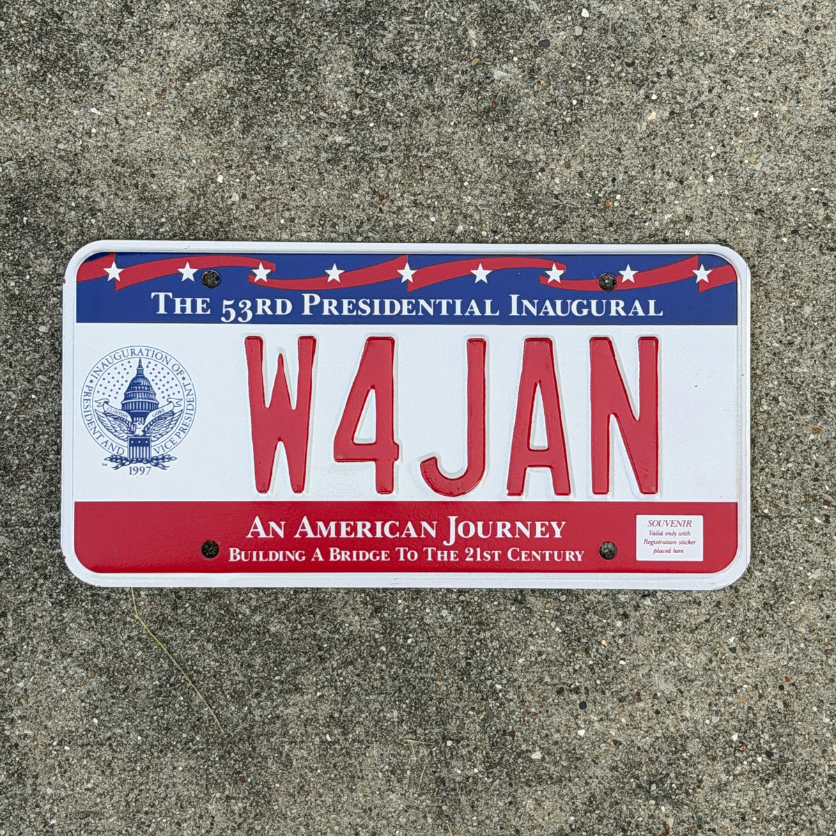 Photo of a 1997 Washington DC Inaugural Vanity License Plate Auto Tag Garage Decor Vintage Clinton Inauguration Politics Political W4 JAN with original patina