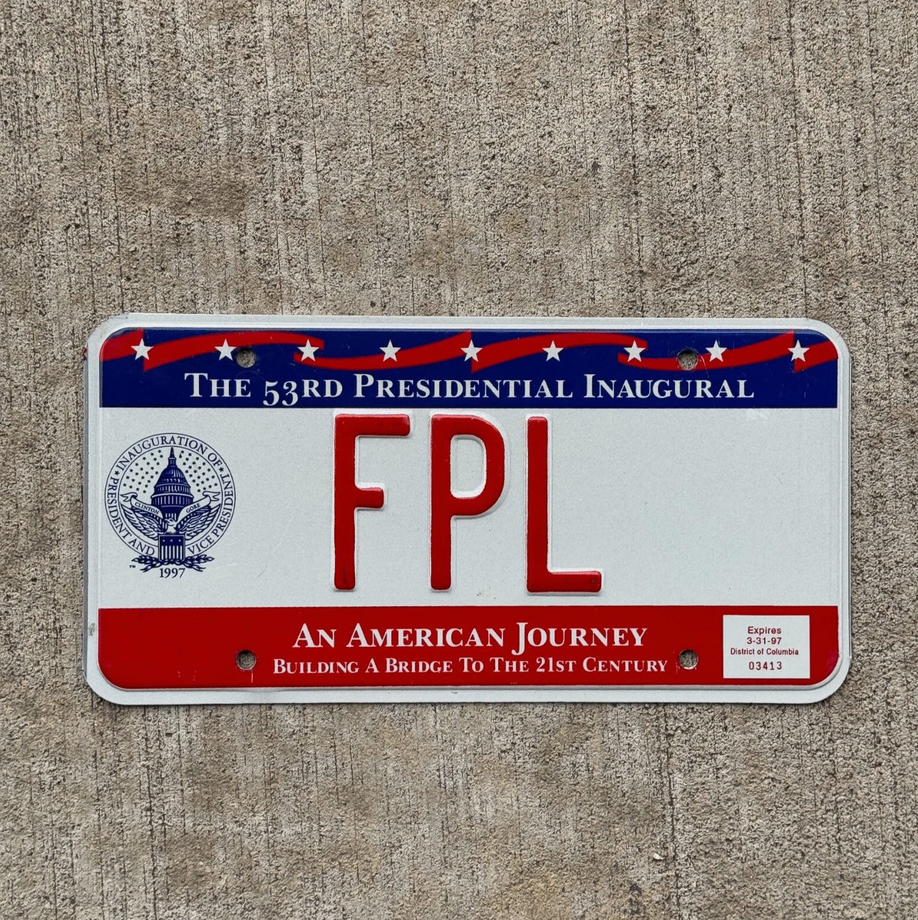 Photo of a 1997 Washington License Plate Auto Tag Garage Decor Vintage DC Inaugural Bill Clinton President Political FPL