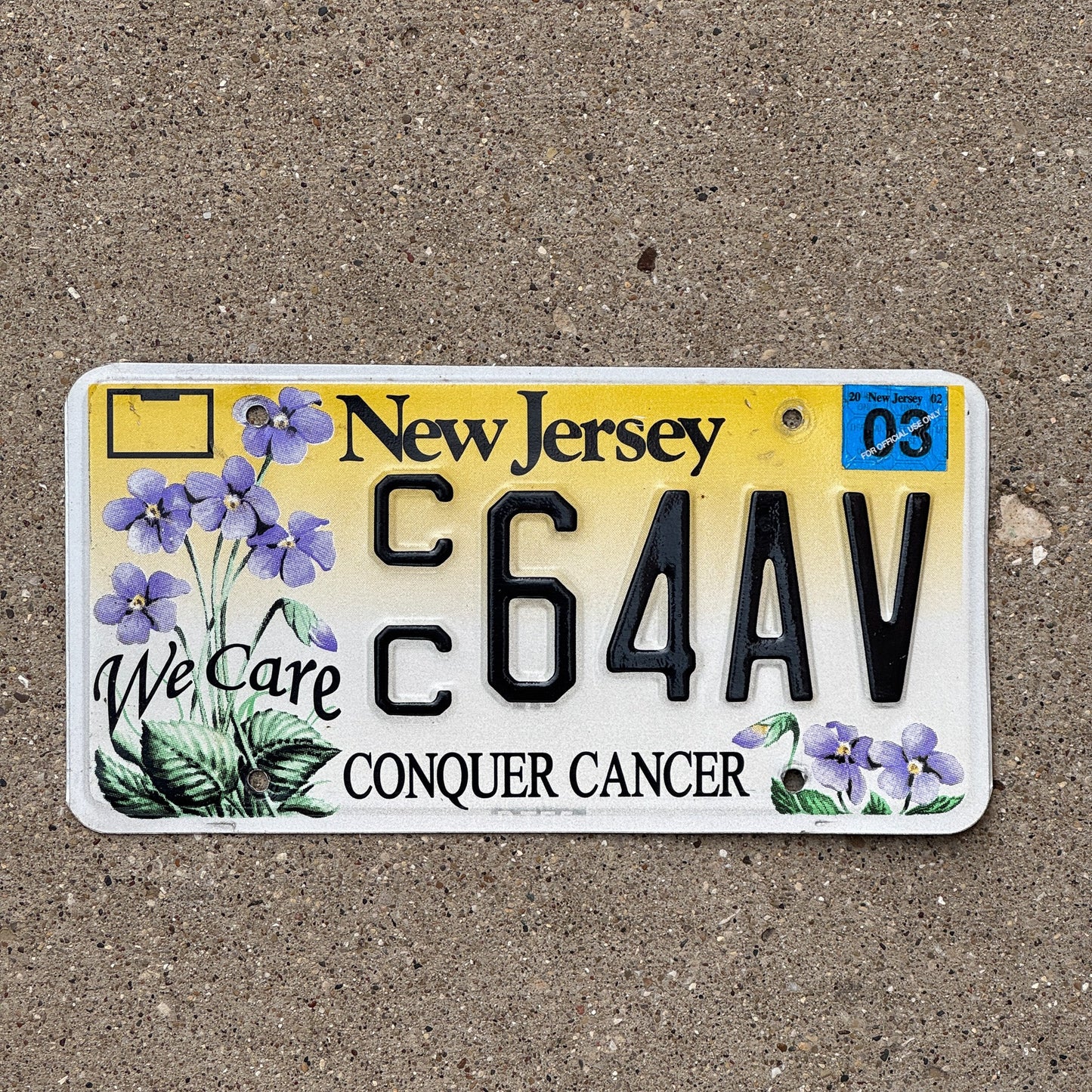 Photo of a 1998 2003 New Jersey Graphic / Specialty License Plate Auto Tag Garage Decor Vintage Conquer Cancer Flowers CC 64 AV