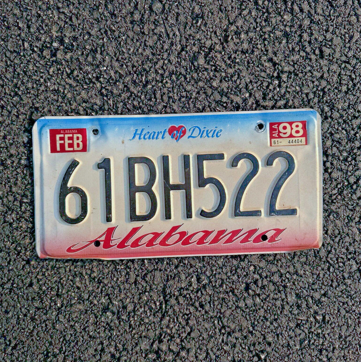 Photo of a 1998 Alabama License Plate Auto Tag Garage Decor Vintage Heart of Dixie 61 BH 522