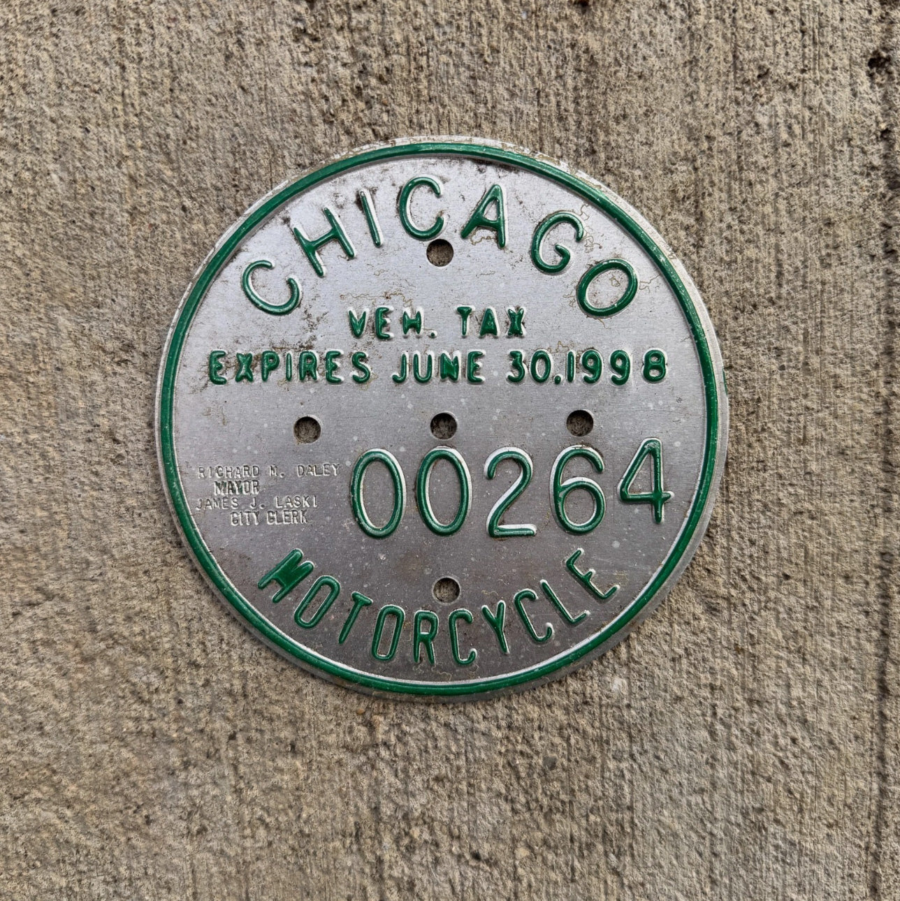 Photo of a 1998 Chicago MOTORCYCLE Tax Tag Disc Disk Medallion Auto Tag Garage Decor Vintage 00264