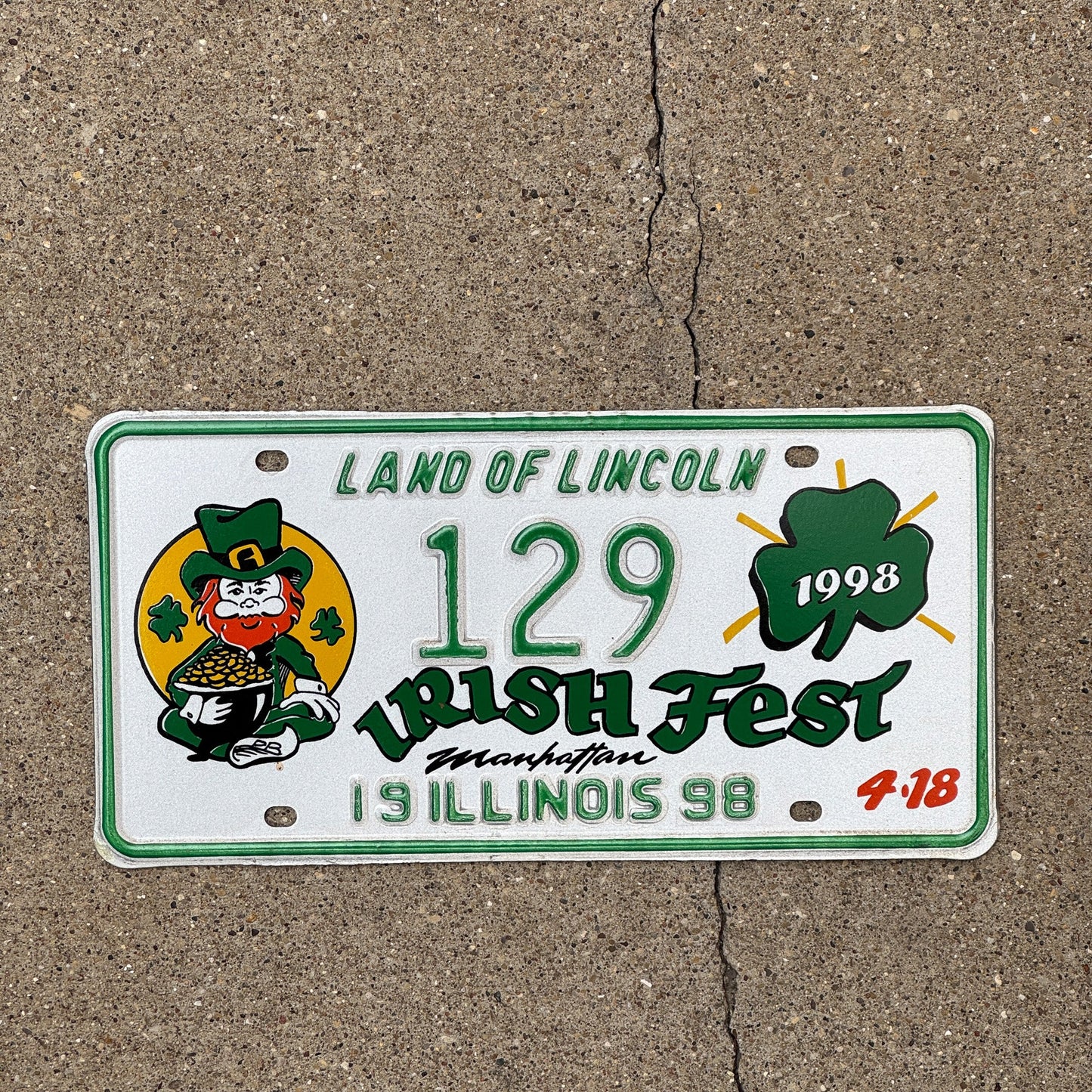 Photo of a 1998 Illinois EVENT License Plate Auto Tag Garage Decor Vintage Irish Fest St Patrick's 129
