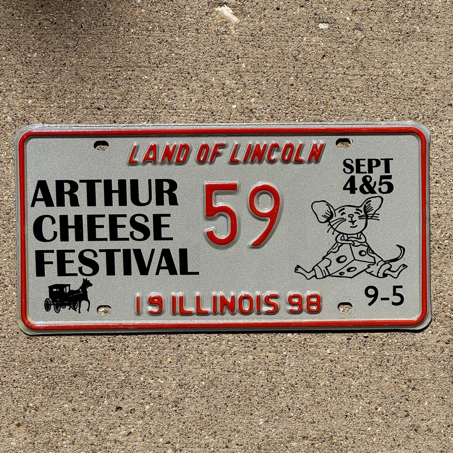 Photo of a 1998 Illinois EVENT License Plate Auto Tag Garage Decor Vintage Say Cheese Festival Mouse Arthur 59