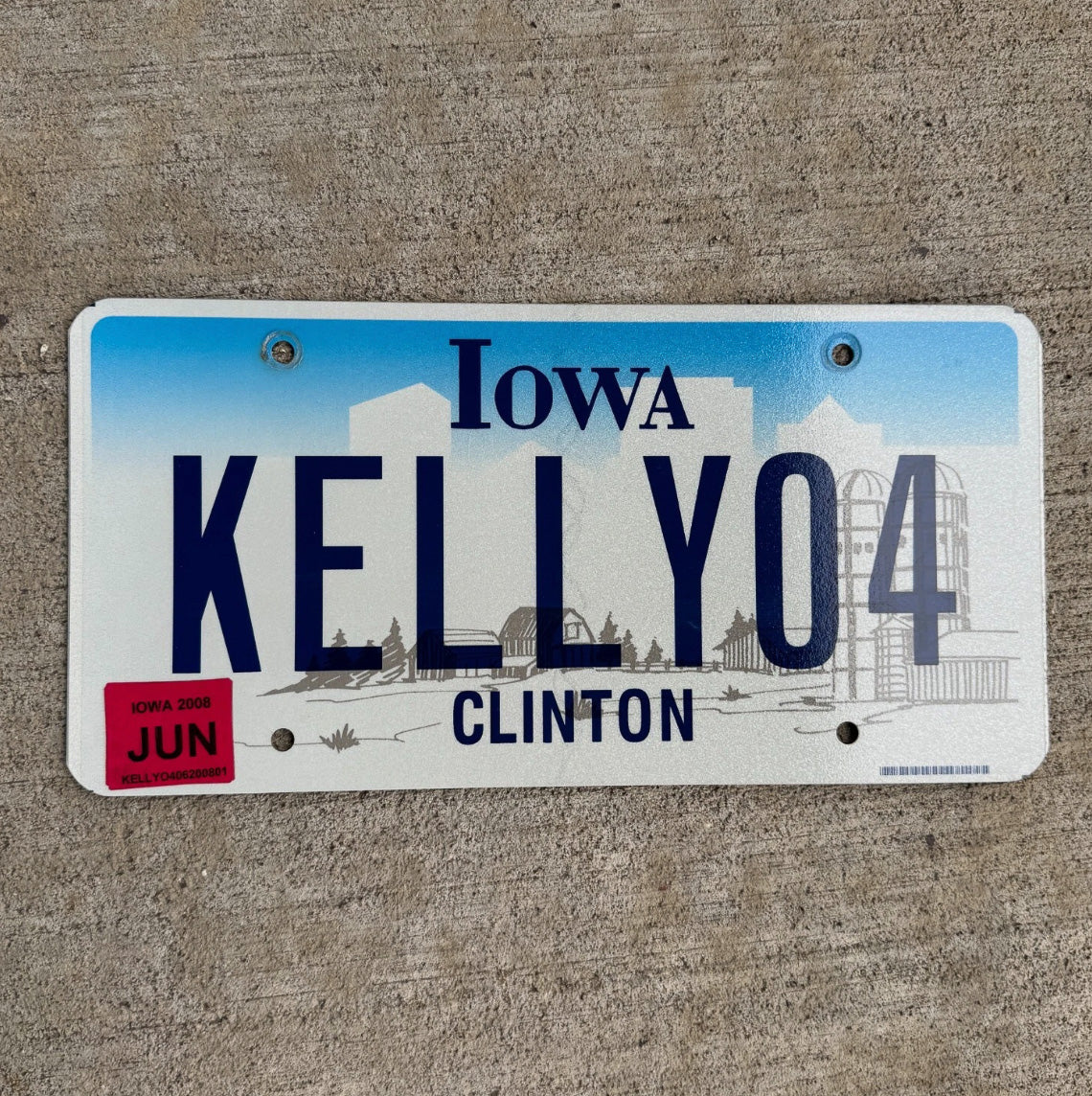 Photo of a 1998 Iowa Vanity License Plate Auto Tag Garage Decor Clinton County KELLY 04