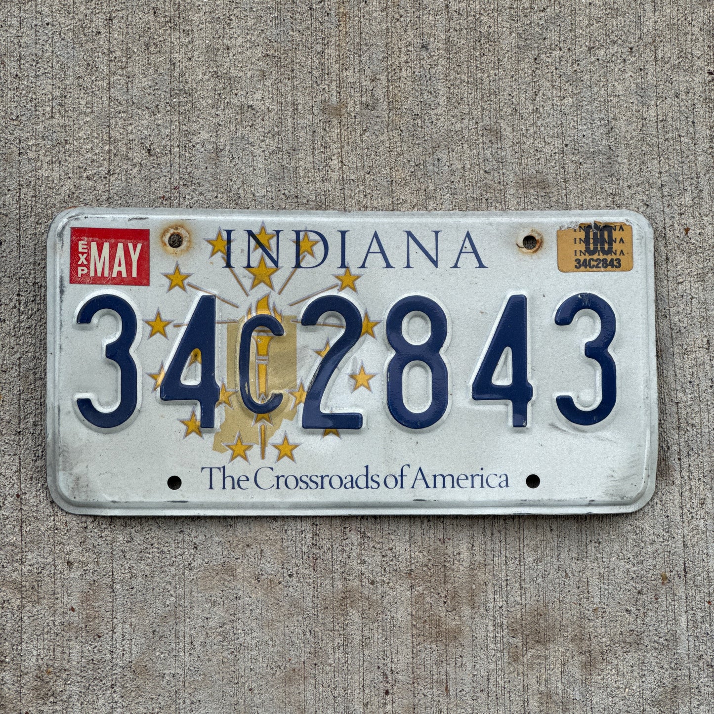 Photo of a 1999 2000 Indiana License Plate Auto Tag Garage Decor Vintage 34 C 2843 with original patina