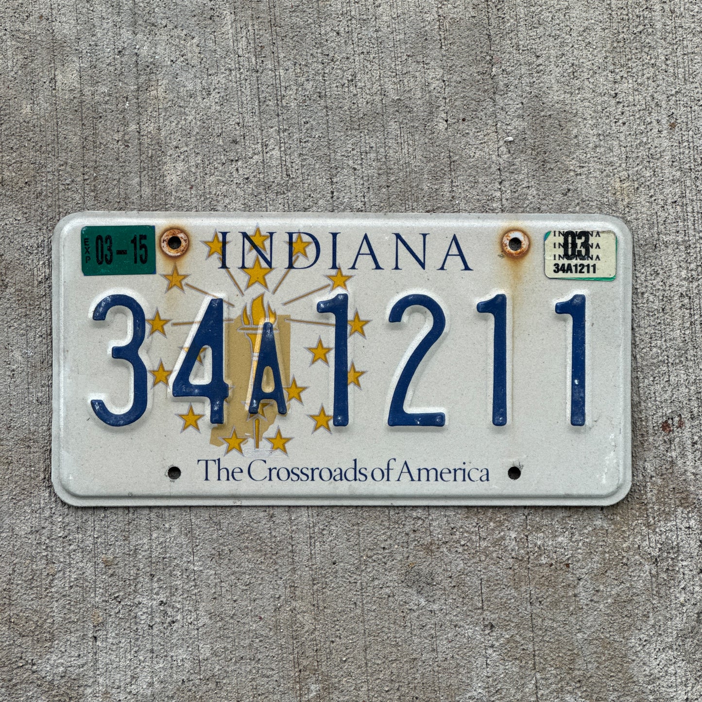 Photo of a 1999 2003 Indiana License Plate Auto Tag Garage Decor Vintage 34 A 1211 with original patina