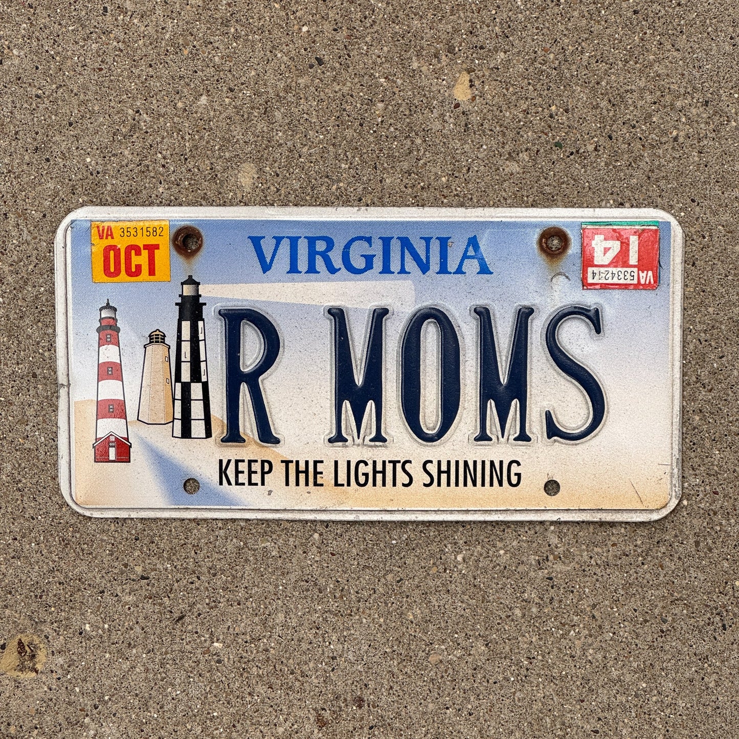 Photo of a 2000 2014 Virginia Vanity License Plate Auto Tag Garage Decor Vintage Lighthouse Base R MOMS with original patina